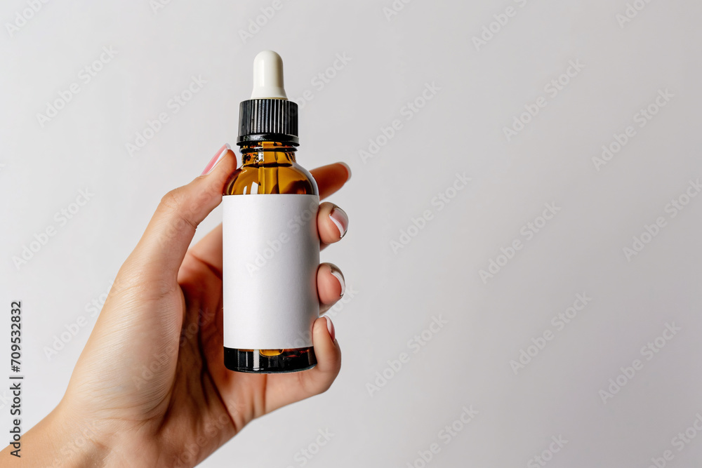 a mockup of a cosmetic serum amber dropper container with a dropper lid on a woman's Hand Holding in a white Background Stock photography, a blank Label Dropper Bottle a mockup of a cosmetic serum amber dropper container with a dropper lid on a woman's Hand Holding in a white Background Stock photography, a blank Label Dropper Bottle