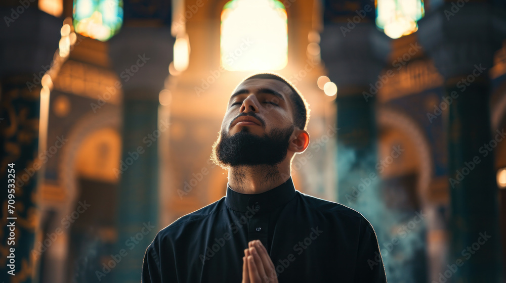 Ramadan Kareem greeting. Man with prayer beads in mosque. Muslim male praying. Quran reading and pray. End of fasting. Hari Raya day. Eid al-Fitr celebration. Breaking of holy fast day. Ramadan Kareem greeting. Man with prayer beads in mosque. Muslim male praying. Quran reading and pray. End of fasting. Hari Raya day. Eid al-Fitr celebration. Breaking of holy fast day.
