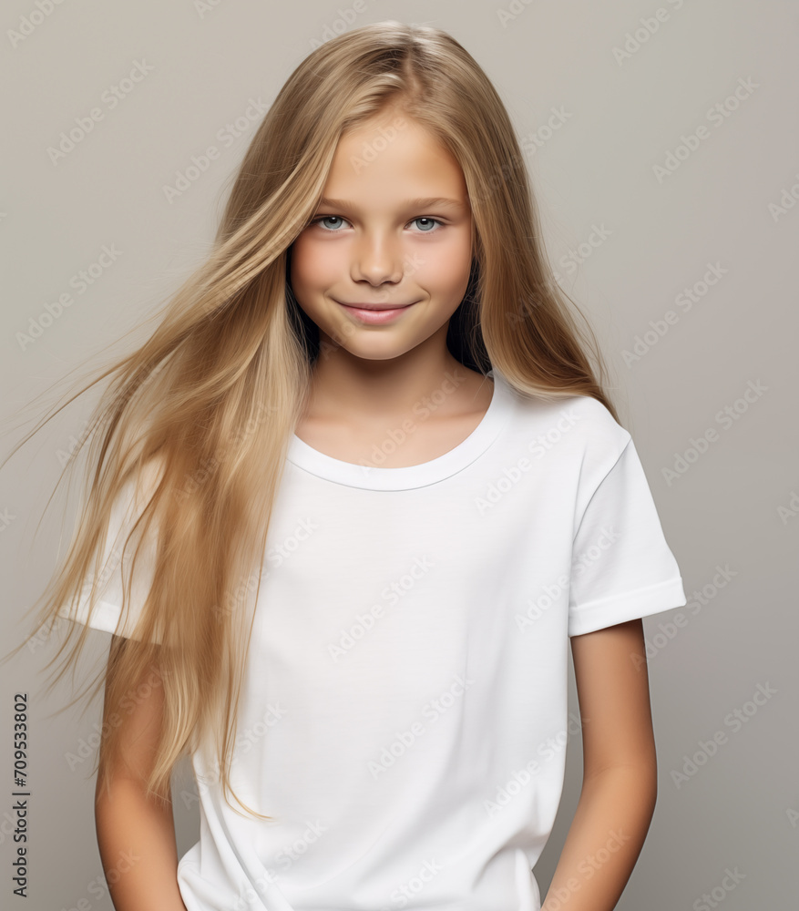 Female girl kid model long flowing blond hair wearing a plain white t-shirt with smiling on gray background.
Female girl kid model long flowing blond hair wearing a plain white t-shirt with smiling on gray background.