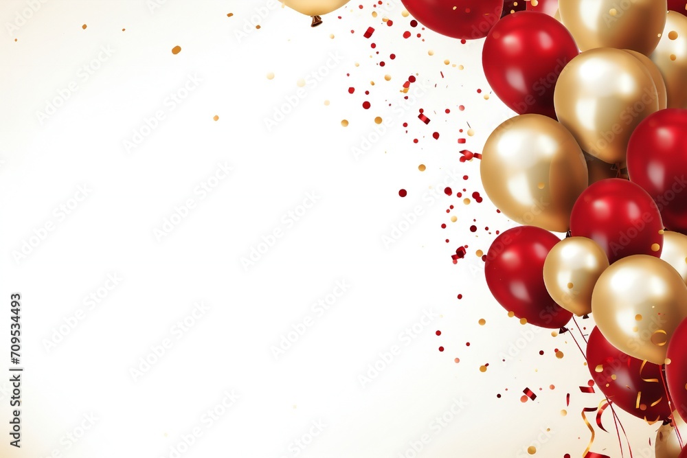 Celebration party banner background with red and gold balloons and confetti, with empty copy space Generative AI Celebration party banner background with red and gold balloons and confetti, with empty copy space Generative AI