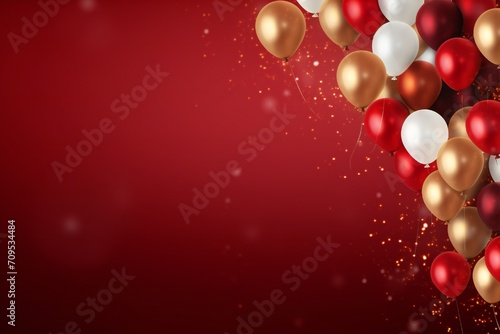 Celebration party banner background with red and gold balloons and confetti, with empty copy space Generative AI