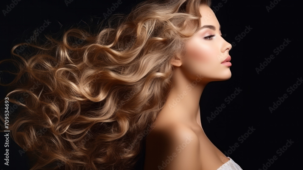 Brunette girl with long and shiny curly hair . Beautiful model woman with wavy hairstyle