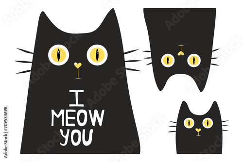 Three cute hand-drawn black cats. Simple vector illustration for card design and for children. Pets concept, love and family concept. Isolated vector illustration.