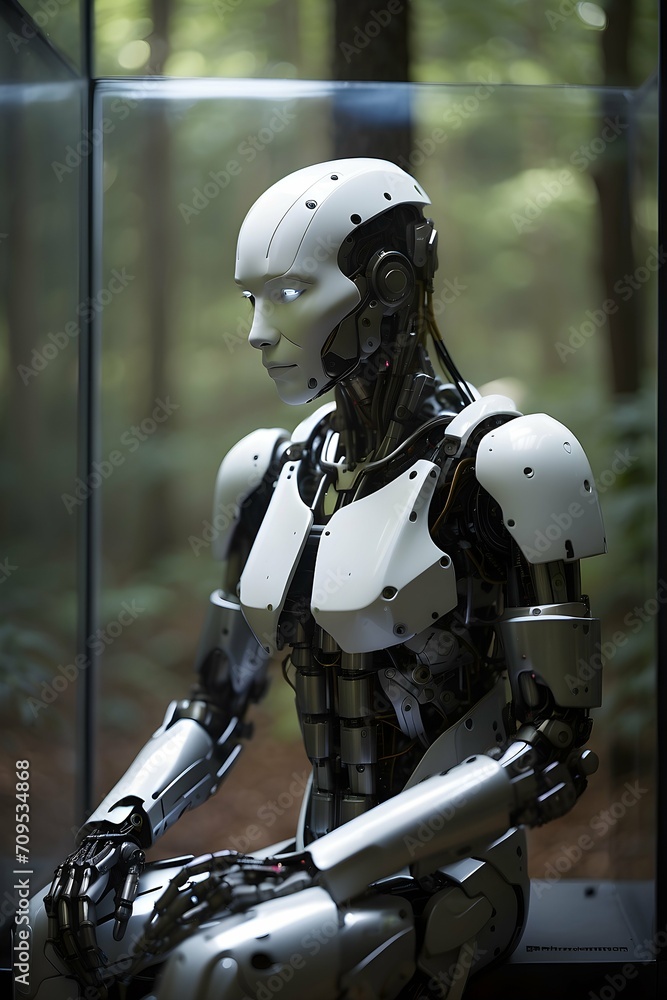 Feelings of Machinery Robot: Futuristic AI Contemplating Amidst a Dark Forest - A Melancholic Scene