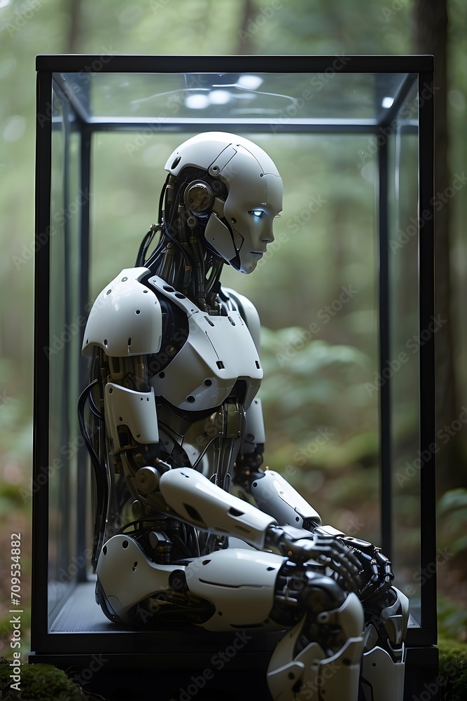 Feelings of Machinery Robot: Futuristic AI Contemplating Amidst a Dark Forest - A Melancholic Scene Feelings of Machinery Robot: Futuristic AI Contemplating Amidst a Dark Forest - A Melancholic Scene