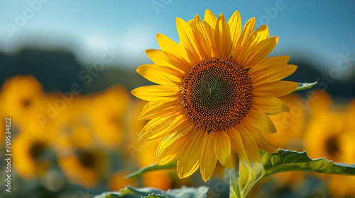 Beautiful field of blooming sunflowers against blue sky.