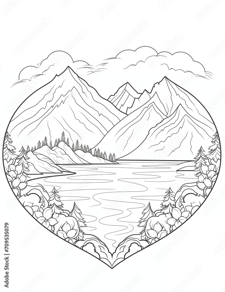 Naklejka premium Island shaped like a heart complete with mountains, rivers, and forests, awaiting romantic imaginative details, Valentine’s Day coloring page