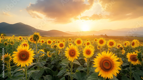 Field of blooming sunflowers on a background sunset © Rattanapon