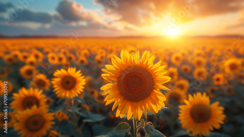 Field of blooming sunflowers on a background sunset
