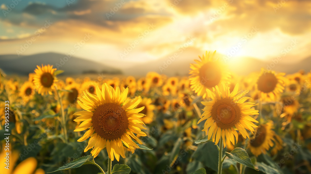 Obraz premium Field of blooming sunflowers on a background sunset