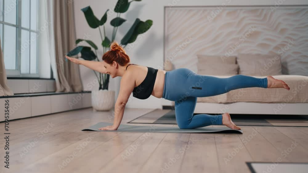 Woman training exercising at home on mat. Overweight female doing exercise in table pose lifting legs, hands. Sport, stretching, healthy habits, fitness wellness, beginner workout concept. Woman training exercising at home on mat. Overweight female doing exercise in table pose lifting legs, hands. Sport, stretching, healthy habits, fitness wellness, beginner workout concept.