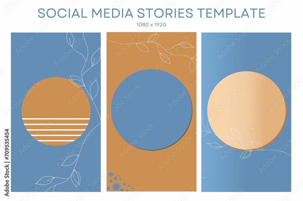 Fototapeta premium Set of 3 backgrounds for social media stories, each 1080 x 1920. Suits Instagram, Facebook and TikTok. This contemporary layout combines pale blue, tan and peach with geo shapes and a floral drawing.