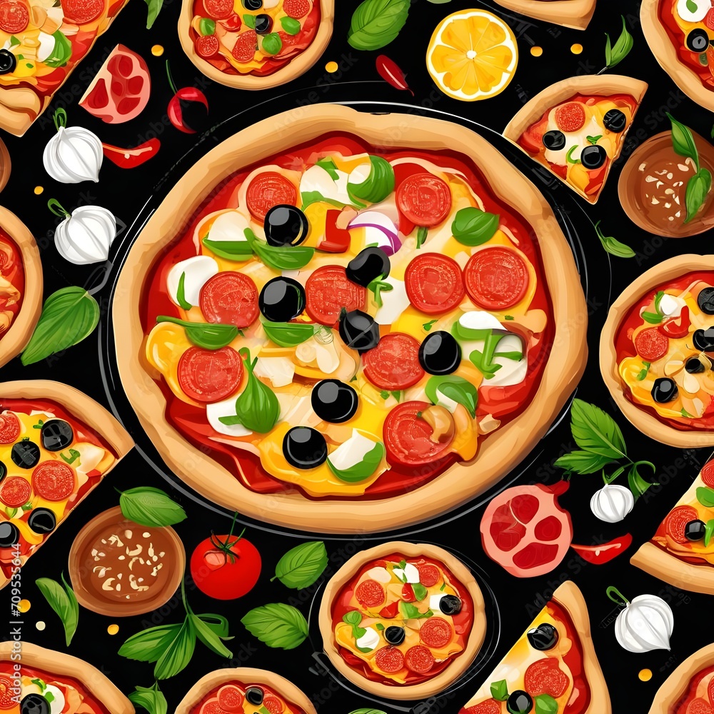 Food ingredients for pizza on table Pizza with pepperoni black olives, peppers isolated