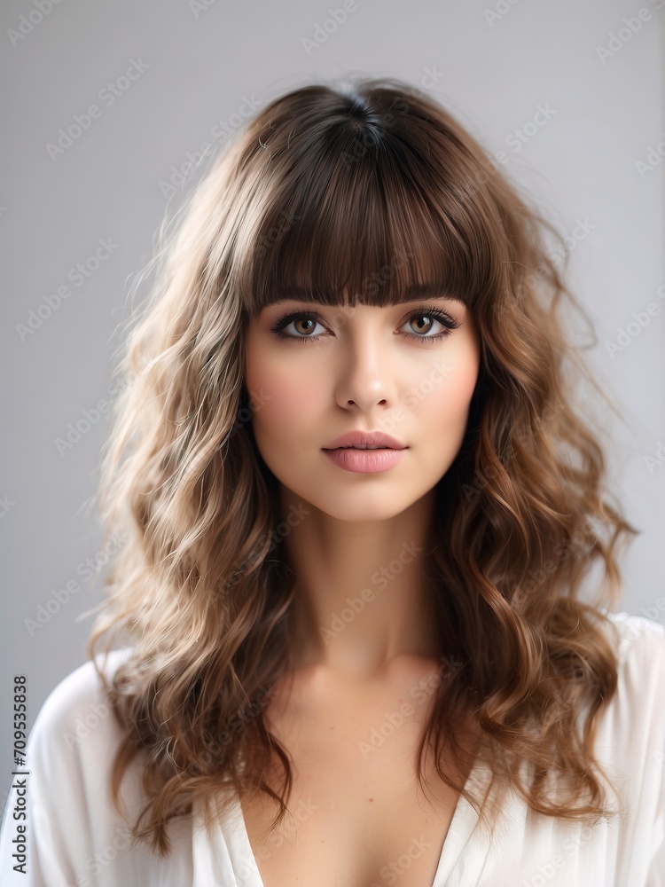 Portrait of beautiful women, full bangs hair, tshirt model posing in white background, Portrait of beautiful women, full bangs hair, tshirt model posing in white background,