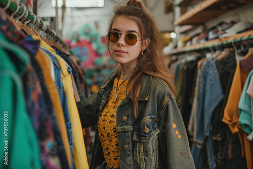 A young woman in trendy thrift shop attire, including a lace top and denim jacket, browses through a colorful selection of second-hand clothes