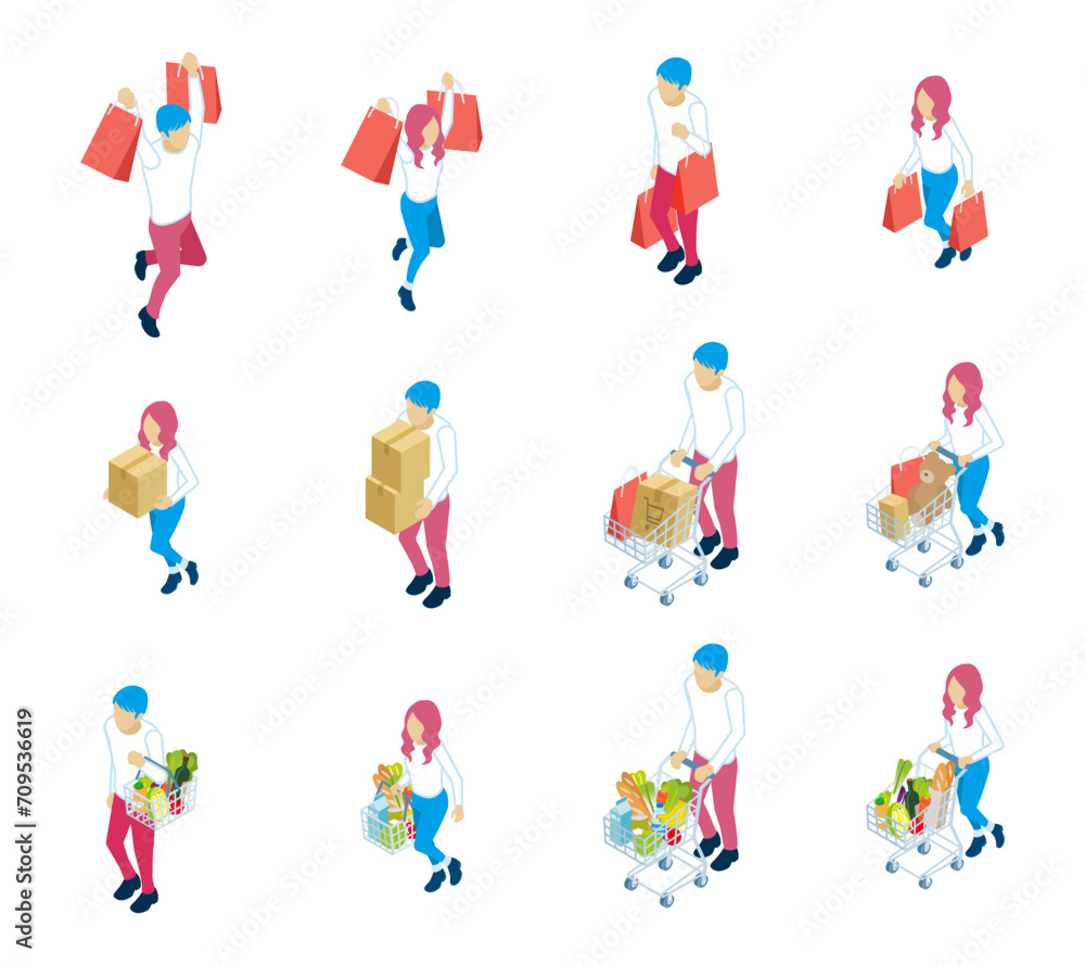 Isometric shopper set with people wearing long sleeves