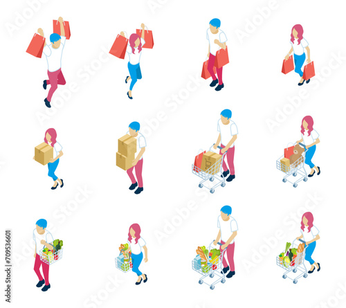 Isometric shopper set with people wearing short sleeves