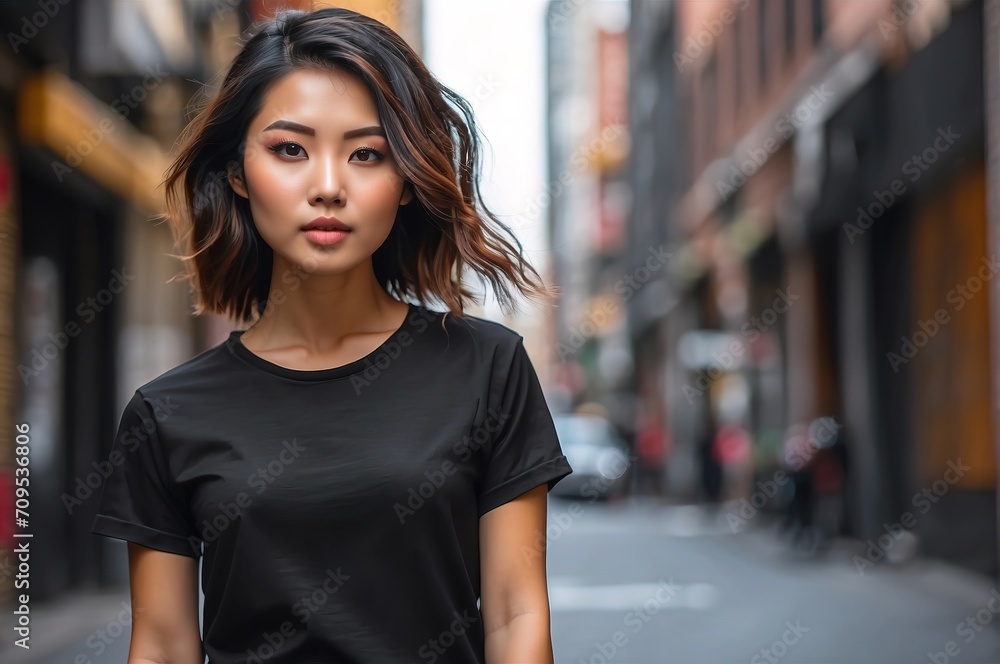 Young athletic asian woman wearing black blank mockup tshirt on a blurred urban background