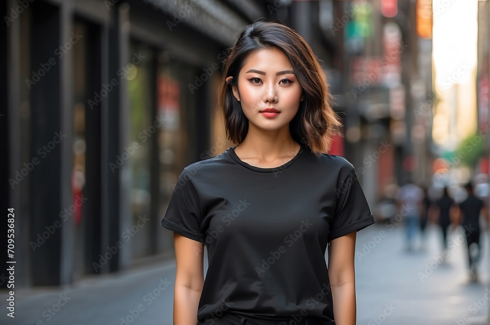 Young athletic asian woman wearing black blank mockup tshirt on a blurred urban background Young athletic asian woman wearing black blank mockup tshirt on a blurred urban background