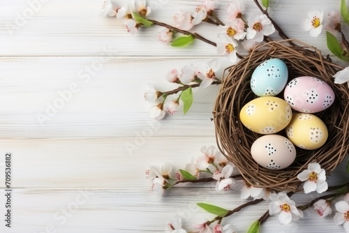 Painted Easter eggs and willow branches on a light wooden background in a basket © Muh