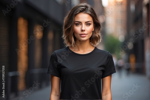 Young athletic woman wearing black blank mockup tshirt on a blurred urban background