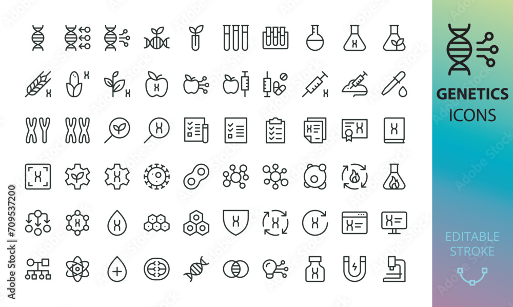 Genetics isolated icons set. Set of genes, DNA structure, chromosomes, genetic engineering, test tubes, GMO products, virus, cells, microscope, science lab vector icon with editable stroke - obrazy, fototapety, plakaty 