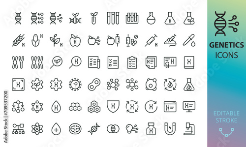 Genetics isolated icons set. Set of genes, DNA structure, chromosomes, genetic engineering, test tubes, GMO products, virus, cells, microscope, science lab vector icon with editable stroke