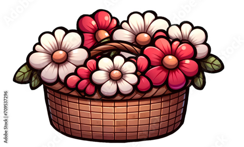 Wicker picnic basket with spring flowers - Easter and spring holidays graphics - ideal as decoration for greeting cards, presentations, sublimation home accessories - red and cream color