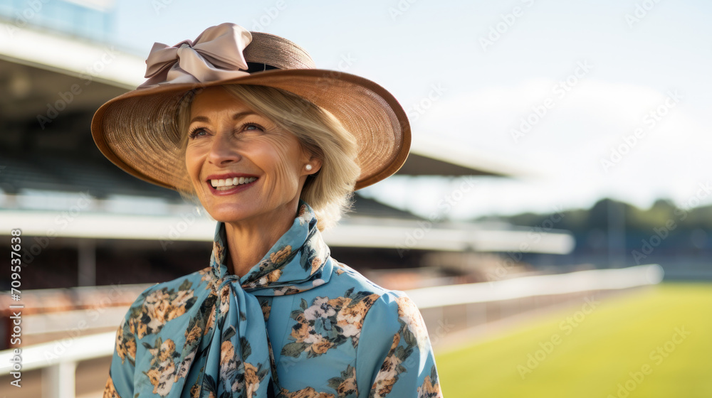 Lady wearing fancy hat arrive at Racecourse.