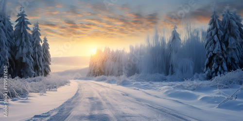 Winter sunset in a winter wonderland landscape with plenty of snow