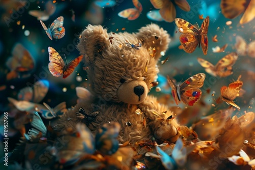 Teddy bear surrounded by a fluttering kaleidoscope of butterflies their delicate wings creating a magical display of nature and childhood innocence © Teddy Bear
