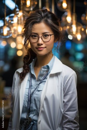 Photo Realistic of an Asian Scientist Woman in Lab Attire With a Touch of Cultural Influence, Generative AI