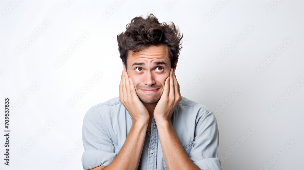 an unexpectedly embarrassed man holding his hands over his face on white background an unexpectedly embarrassed man holding his hands over his face on white background