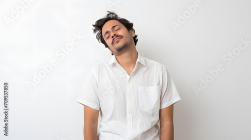 a young man is sleepy and tired with his eyes closed over a white background