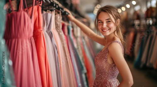 Smiling girl trying on prom dresses in clothing store. Dress rental for various occasions and events.