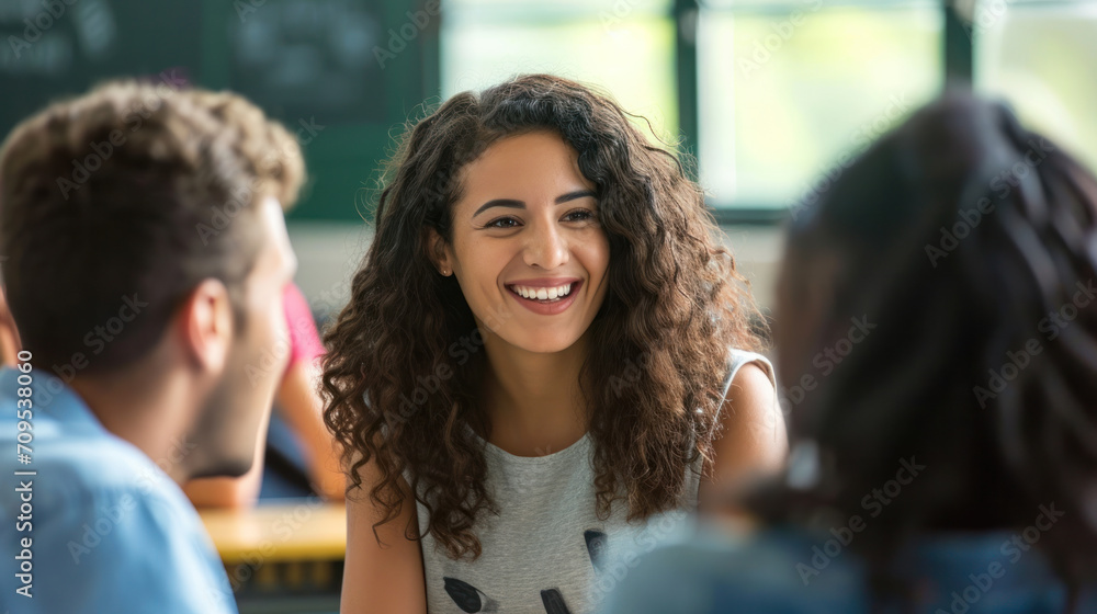 In the Classroom Multi Ethnic Students swear during breaks between lectures. Smart Young People Study at the College. In the Classroom Multi Ethnic Students swear during breaks between lectures. Smart Young People Study at the College.