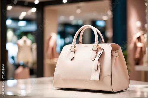 Women bag store and accessories luxury fashion store interior, spotlight, bokeh blurred background
