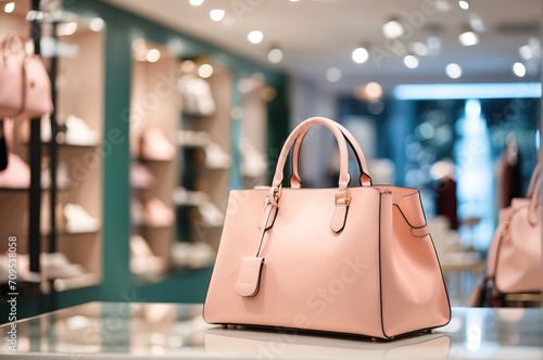 Women bag store and accessories luxury fashion store interior, spotlight, bokeh blurred background