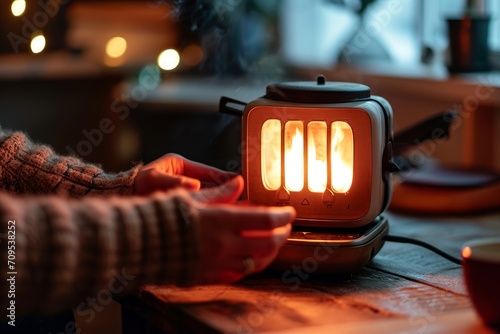Fototapeta 電気ストーブで手を温める部分暖房のイメージ, Generative AI