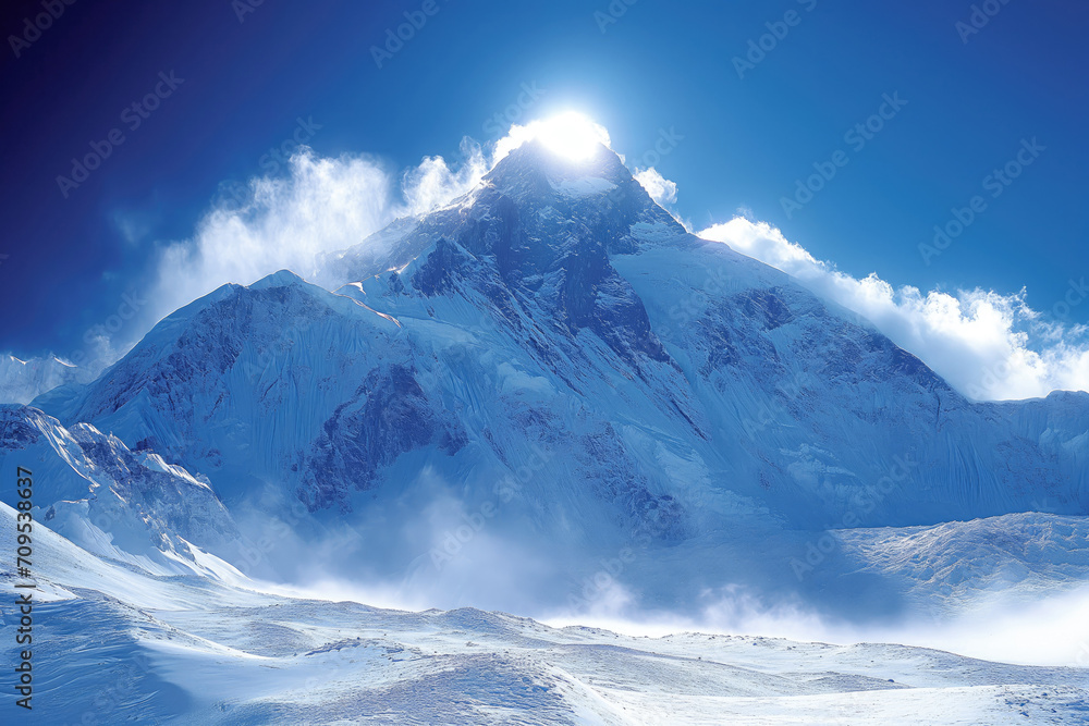 alpine landscape, the sun shines from the top of a snowy mountain peak