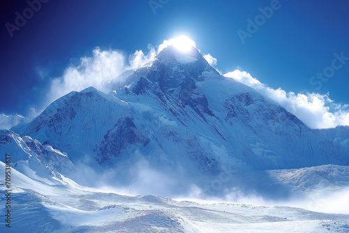 alpine landscape, the sun shines from the top of a snowy mountain peak