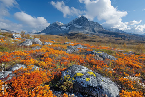 beautiful landscape with boulders in the autumn tundra on a mountain plateau