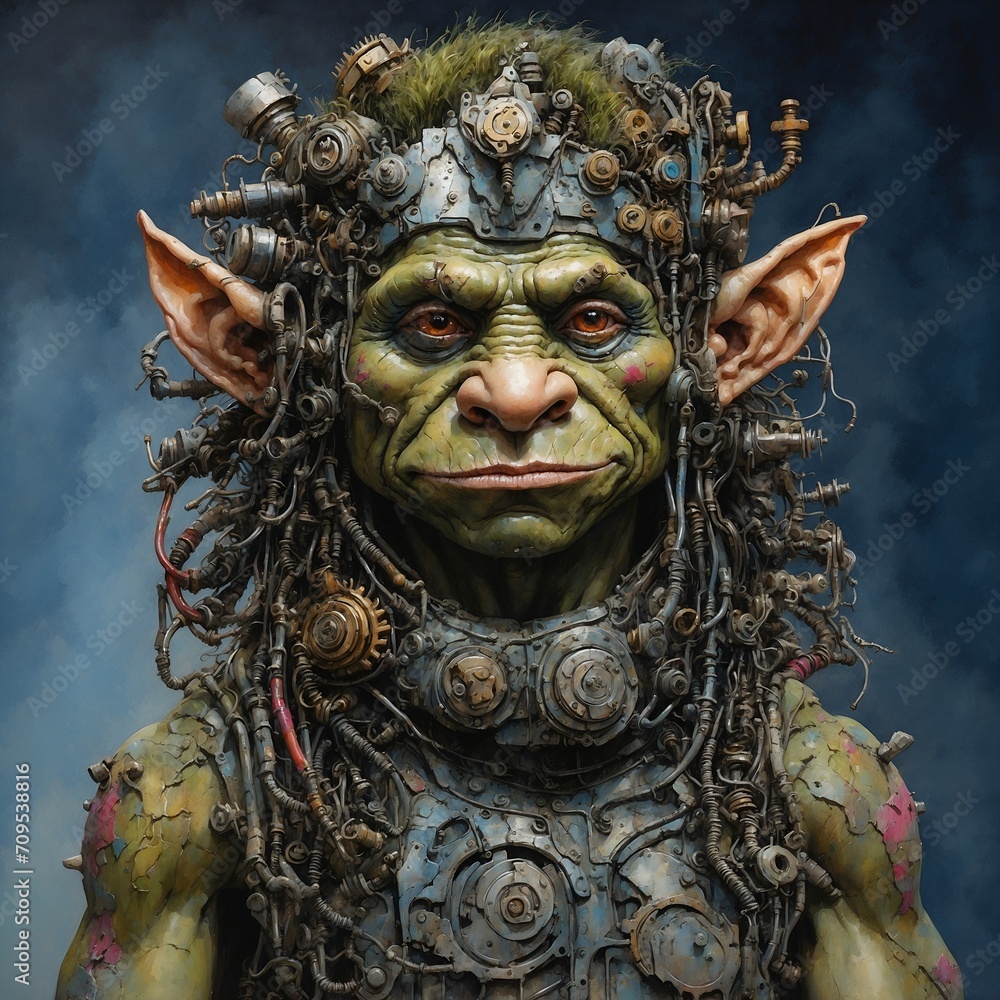 Obraz premium In a mesmerizing watercolor painting, a strikingly imaginative dieselpunk avant-garde troll emerges, commanding attention with its innovative demeanor.
