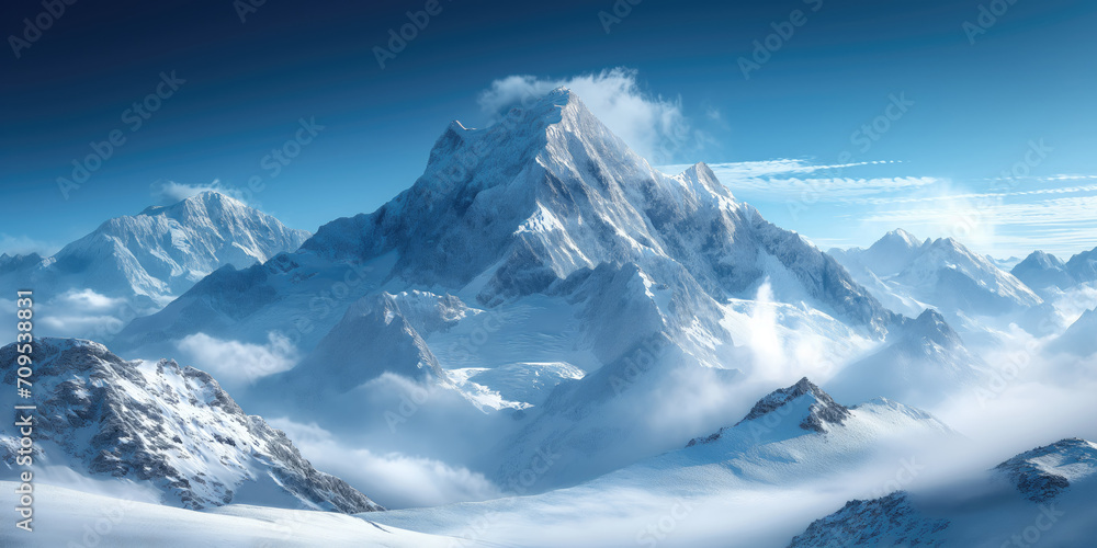 highland landscape, panorama with snow-covered mountain peak
