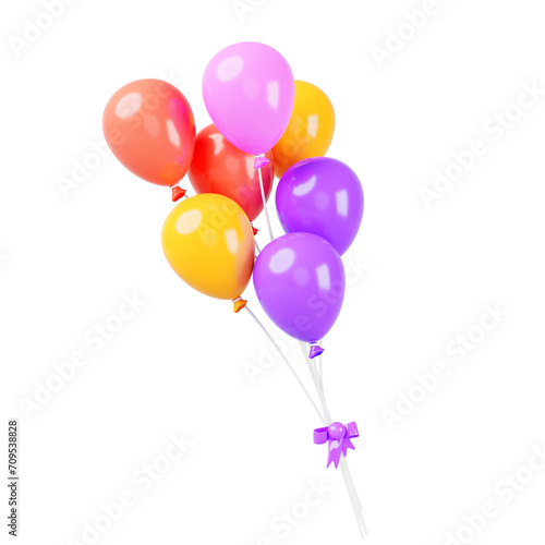 3d flying rainbow color air balloons bundle with ribbons and bow. Isolated realistic render icon for birthday party, anniversary, wedding celebration, holiday or carnival decoration. 3D illustration