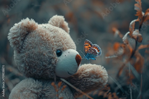 Butterfly hovering near a teddy bear's ear the interaction between the fluttering creature and the attentive plush toy creating a whimsical and endearing scene © Teddy Bear