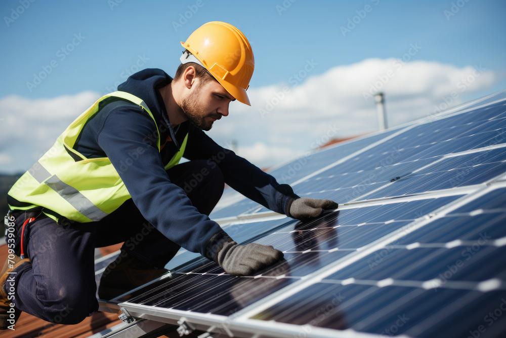 Worker mount solar panels on the roof. Concept of alternative and renewable energy. Worker mount solar panels on the roof. Concept of alternative and renewable energy.