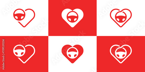 Love Drive Logo. steering wheel logo template with a combination of the love symbol. love driving logo