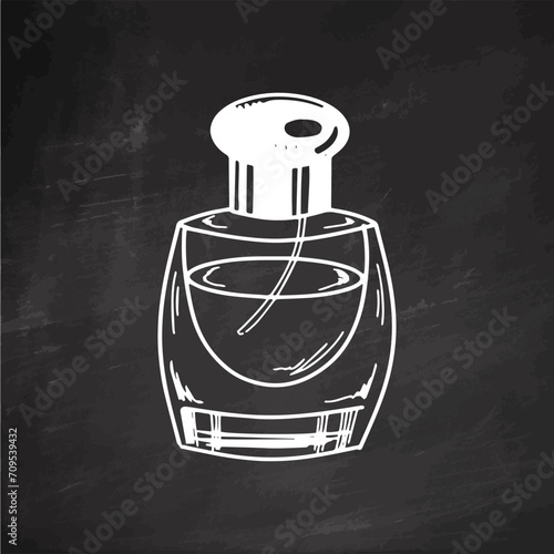 Hand-drawn perfume bottle, beauty cosmetic element, self care on chalkboard background. Illustration for beauty salon, cosmetic store, makeup design. Doodle sketch style.