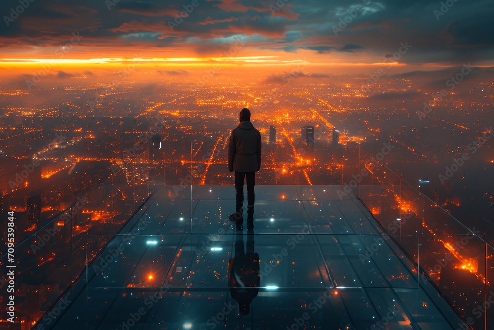 Businessman standing on the roof and looking at the city at sunset Businessman standing on the roof and looking at the city at sunset